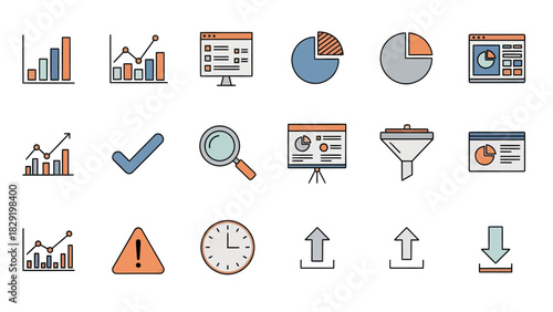 Comprehensive collection of modern line icons for business analytics, data visualization, and technological processes, ideal for dashboards and infographics