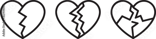 Set of broken heart outline icons symbolizing pain loss and heartbreak theme