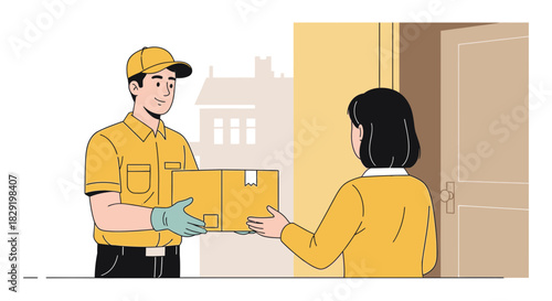 Delivery service with courier handing package to customer at doorstep illustration