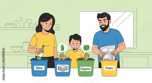 Family Promoting Eco-Friendly Lifestyle Through Waste Sorting and Environmental Responsibility