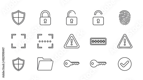 Comprehensive collection of modern line icons for digital security, data protection, privacy, authentication, and access control systems, ideal for web and app interfaces and technology solutions