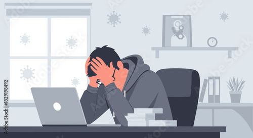 Stress and Anxiety during Pandemic: Overworked Man Frustrated at Computer in Home Office with