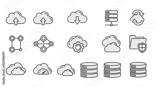 Comprehensive Collection of Cloud Computing and Data Storage Outline Icons. Modern Vector Symbols Representing Digital Hosting, Network Infrastructure, Server Management, and Connectivity