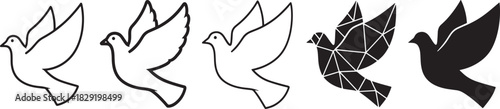 Collection of flying dove icon illustrations in various styles: outline, geometric, and solid silhouette designs on white. Vector