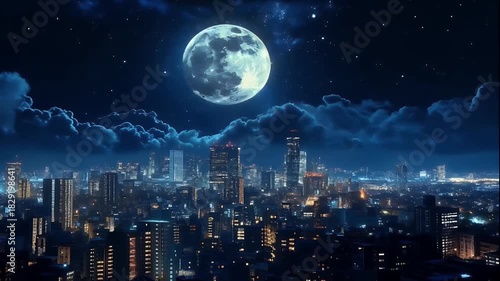 Lunar Glow Over Night City: Full Moon and Starry Urban Sky