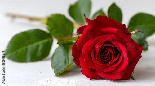 Beautiful Red Rose with Lush Green Leaves on Gray Background