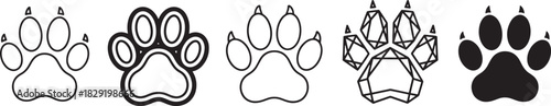 Collection of five distinct animal paw print designs, featuring various outline styles and a solid black paw vector. Vector