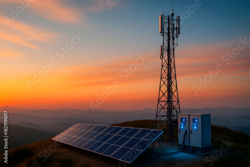 Remote Solar-Powered Telecom Tower at Sunset
