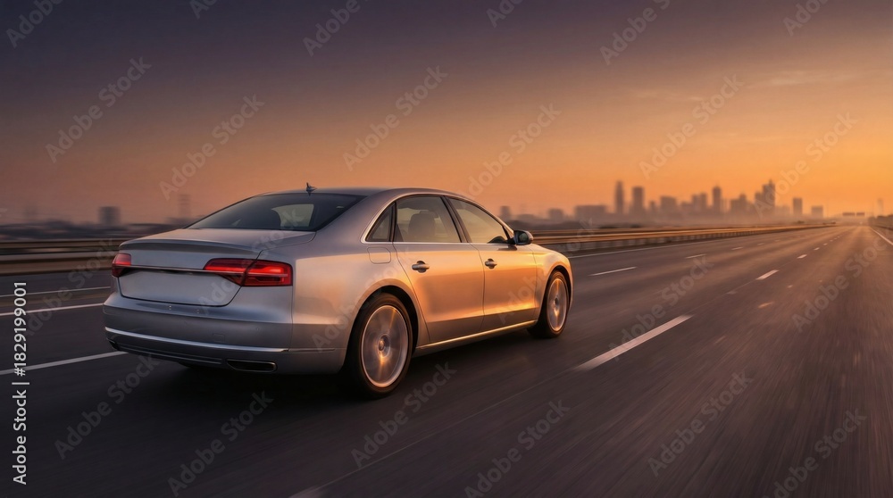 Fototapeta premium Silver sedan driving on highway at sunset with city skyline in the distance