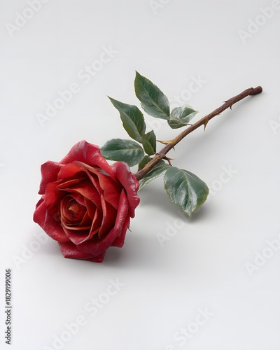 Beautiful Red Rose with Green Leaves on Soft White Background