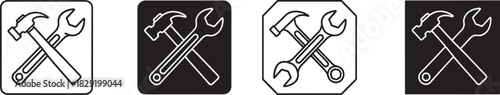 Crossed hammer and wrench outline icons in various square and octagonal shapes, representing tools and repair service. Vector