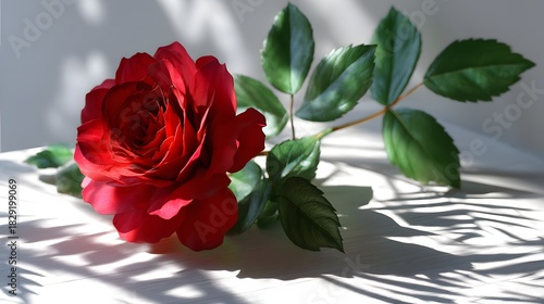 Elegant Red Rose with Green Leaves on Light Background