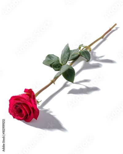 Elegant Red Rose With Green Leaves Isolated on Bright Background