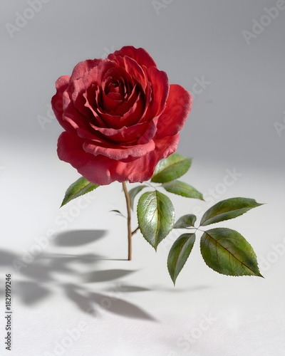 Stunning Red Rose with Green Leaves Against a Soft Background