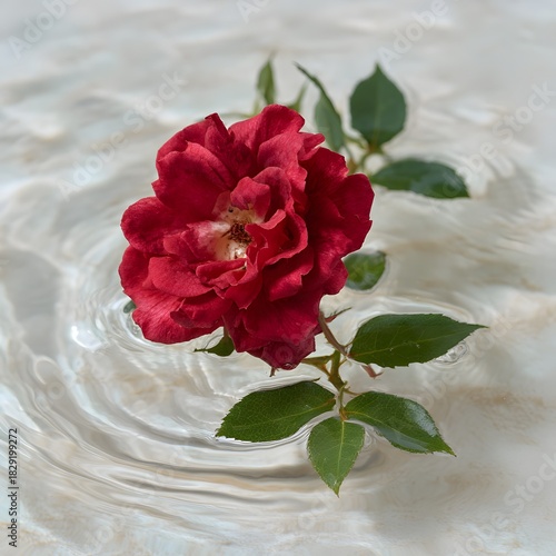 Red Flower Blooming on Calm Water Surface with Green Leaves