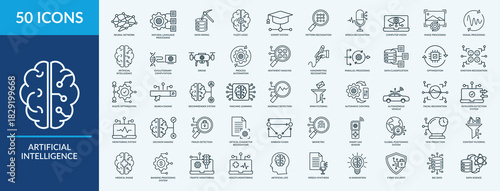 Artificial intelligence icon set. Containing machine learning, neural network, data mining, fuzzy logic, expert system and more. Outline vector icons collection