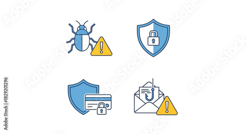 Vector illustration of set of icons depicting cyber security threats isolated on