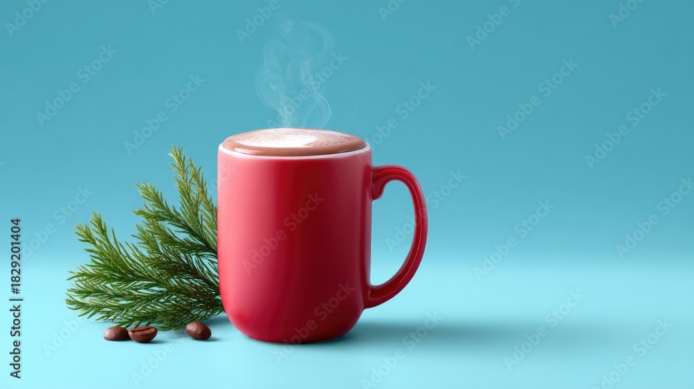 Obraz premium Warm and Inviting Hot Chocolate Mug with Steam and Green Pine Branch on Blue Background Perfect for Cozy Atmosphere and Winter Vibes
