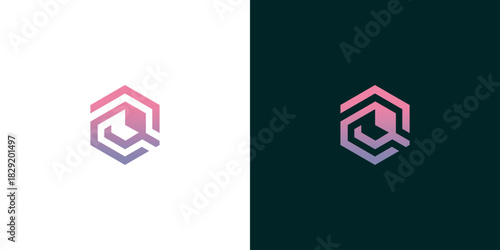 Hexagonal abstract logo design with gradient colors, modern geometric shape and futuristic style