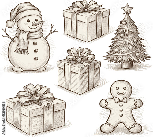  Christmas sketch collection featuring snowman gifts tree and gingerbread man