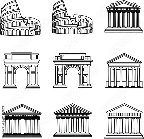 Collection of famous ancient roman architectural landmarks in outline style