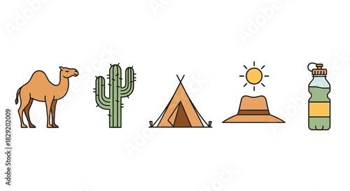 Desert camping icons with camel, cactus, tent, hat, and water bottle on white background