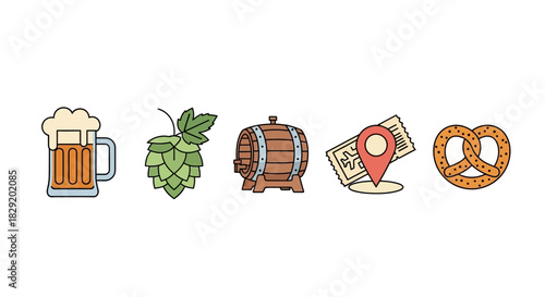 Flat lay icons of beer, hops, barrel, map pin and pretzel on white background