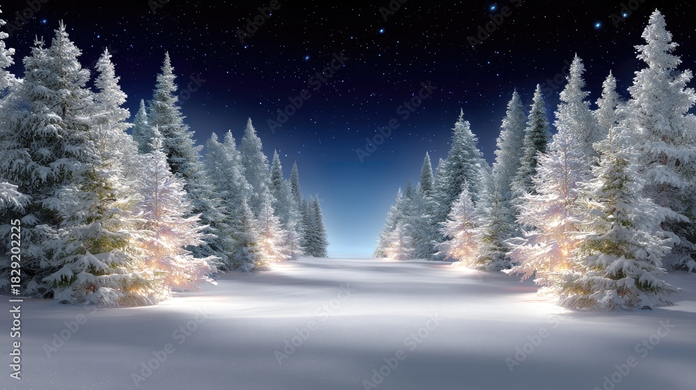 Fototapeta premium Serene Winter Landscape with Snow-Covered Trees Under Starry Night Sky Creating a Peaceful Atmosphere and Inviting Scenery for Nature Lovers and Outdoor Enthusiasts