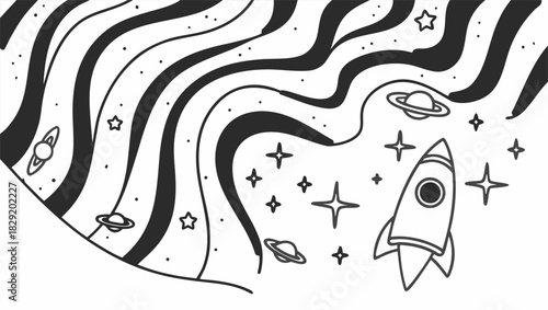 A black and white illustration of a rocket ship traveling through space with planets and stars.