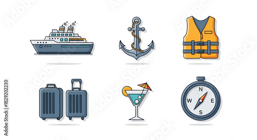 Flat lay of nautical and travel icons on a white background.