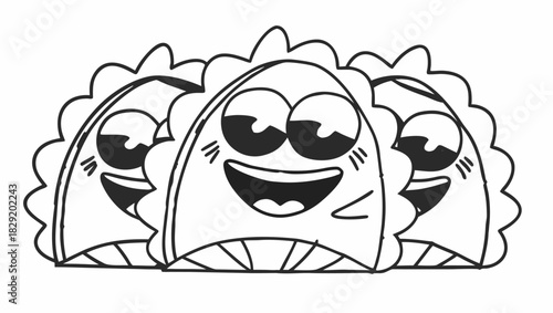 Three cartoon tacos with smiling faces are lined up in a row, outlined in black and white.