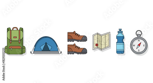 Illustration of camping gear including a backpack, tent, boots, map, water bottle, and