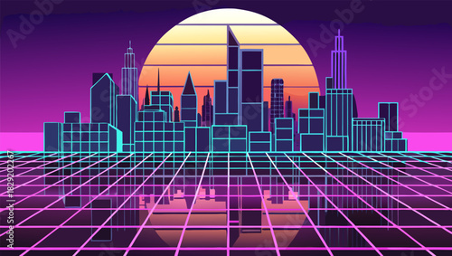 Retro-style cityscape silhouette against a sunset, reflected on a grid surface.