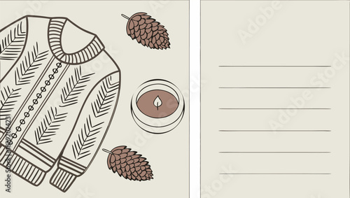 Illustration of a sweater, pine cones, and a candle, next to a blank space with lines for writing.