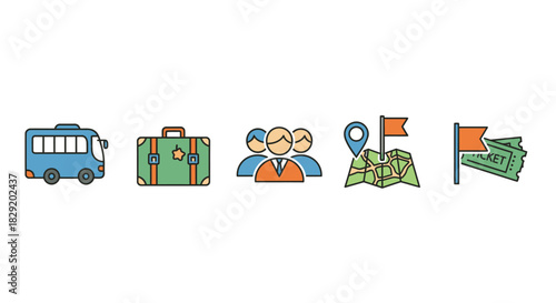 Graphic illustration of travel icons including a bus, luggage, people, map, and money on