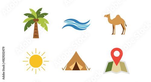 Flat lay icons of desert and travel symbols on white background