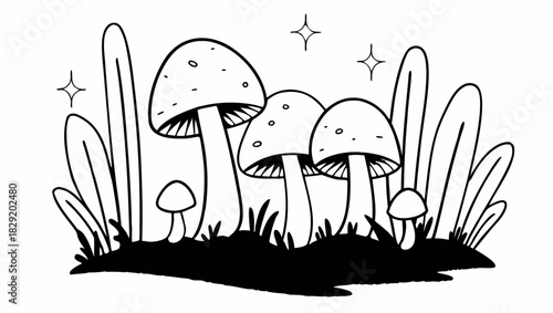 A black and white illustration of a cluster of mushrooms surrounded by grass and plants, with stars above.