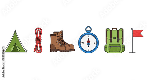 Flat lay of camping gear icons on a white background.