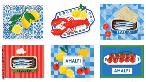 Italian Amalfi Coast Art Print Set – Mediterranean Food & Travel Vector