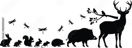 Forest animal silhouette lineup with deer, boar, rabbits, squirrels, mice, hedgehog, dragonflies, and birds on branch, wildlife nature vector for woodland design themes.
