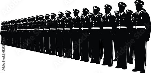 Large formation of uniformed officers standing in straight line, detailed silhouette illustration representing military or police parade, security personnel, ceremony, discipline