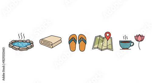 Flat lay of travel and relaxation icons on a clean white background.