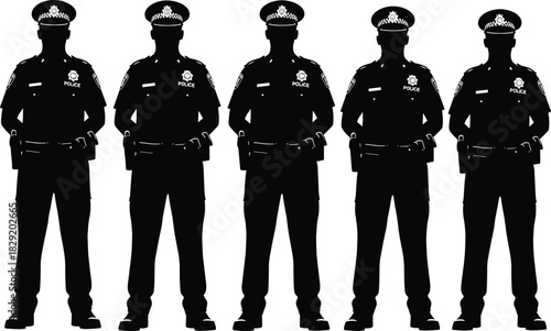 Row of standing police officer silhouettes in uniform with hats and equipment belts, security law enforcement vector illustration for authority, protection, patrol, and public safety themes.