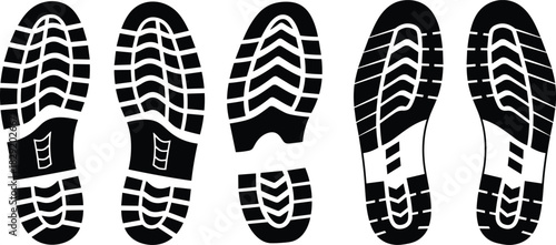 Set of black shoe sole footprint vector illustrations, isolated boot and sneaker tread patterns, walking steps silhouettes for tracking, trail, path, and graphic design use.
