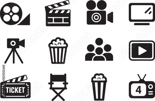 Film and video icon set for media apps, movie production, playback controls, and entertainment design