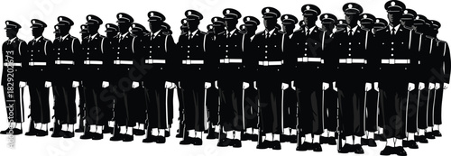 Silhouette formation of uniformed officers standing in organized rows, detailed vector illustration representing military or police parade, discipline, ceremony, security personnel, 