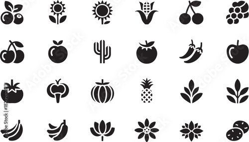 Botanical icon set for fruits, vegetables, plants, flowers, nutrition, gardening, and organic design