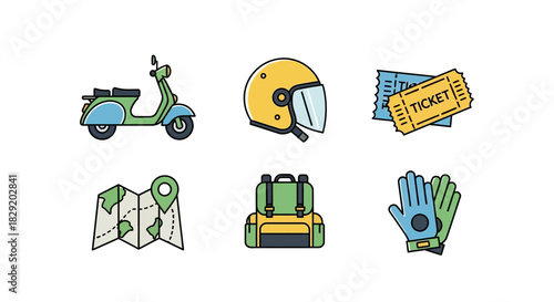 Colorful flat lay of travel and transportation icons on a white background
