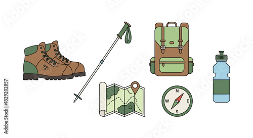 Illustration of hiking gear including boots, backpack, trekking pole, map, compass, and