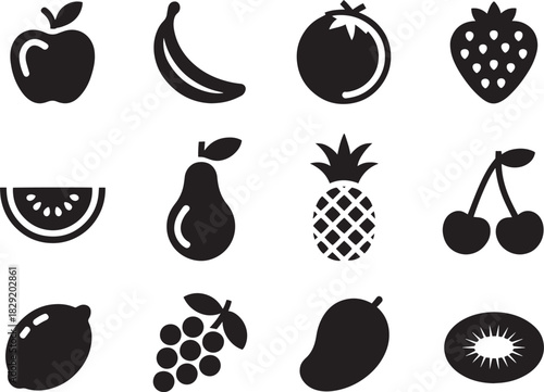 Fruit icon set for healthy food, nutrition, produce, diet, culinary design, and educational graphics